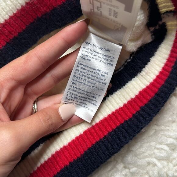 Tommy Hilfiger White Cream Texture Fuzzy Sweater Navy Red Detailing Wool Blend - Picture 6 of 11